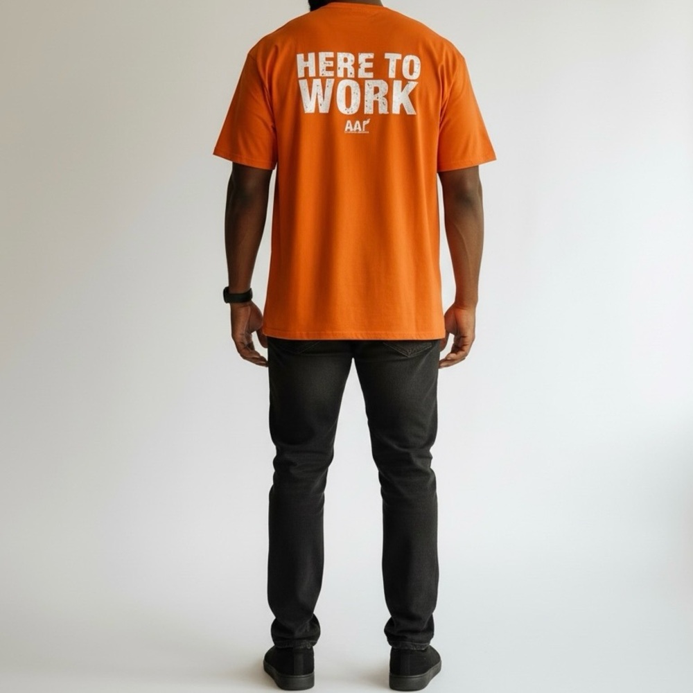 SOLD All American Roughneck Here to Work Orange Graphic Tee 3XL Workwear Utility